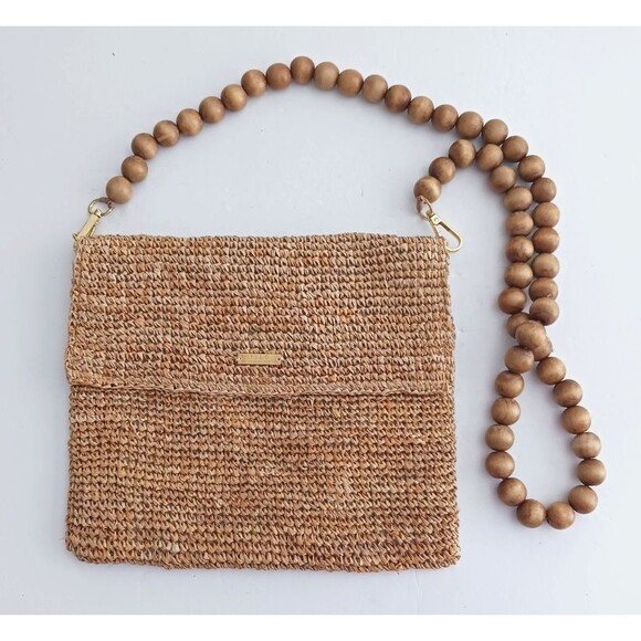 FILO Woven Straw Crossbody Flap Front Round Natural Wood Bead Strap - Picture 8 of 8